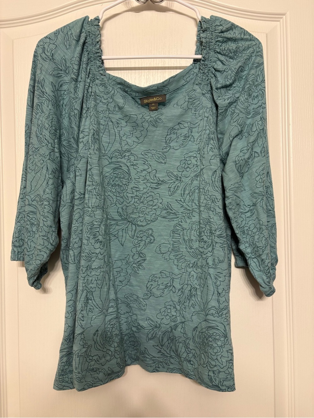 Style & Co. Teal Floral Scoop-Neck Puff Sleeve Blouse